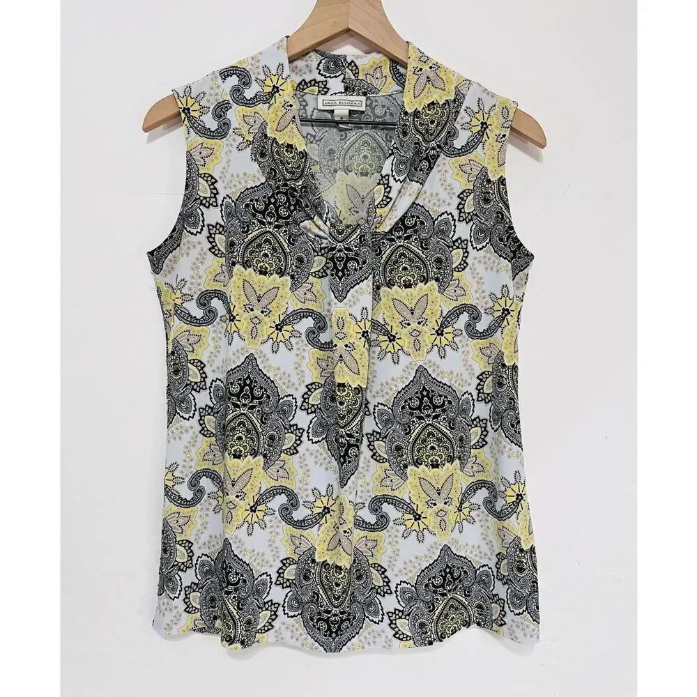 Dana Buchman White With Yellow And Black Paisley Print Sleeveless Top Size S